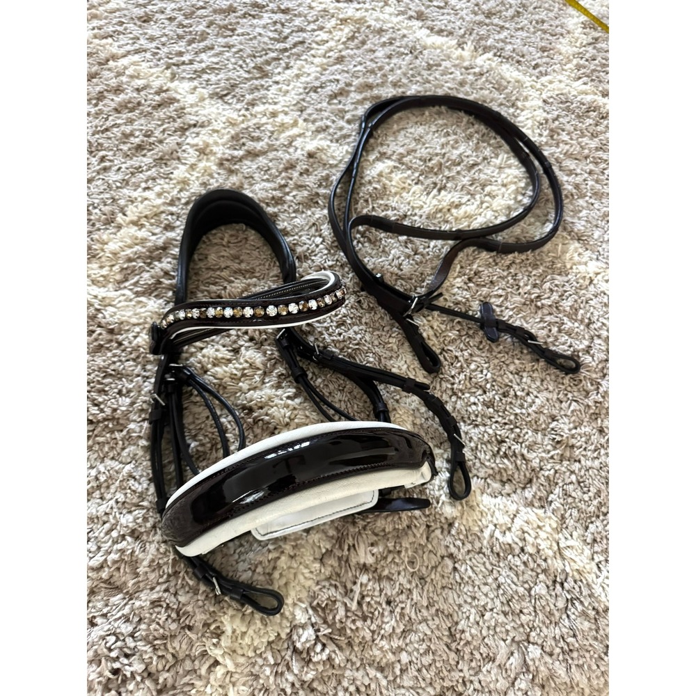 Halter Ego Brown Patent Leather Dressage Bridle Crystal Browband with Reins